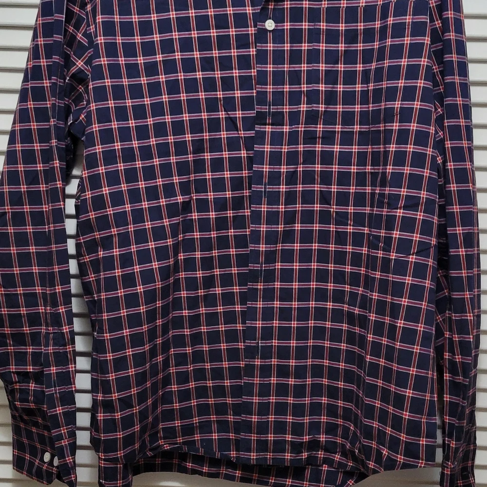 Banana Republic Men's Navy and Pink Checkered Shirt Long Sleeve